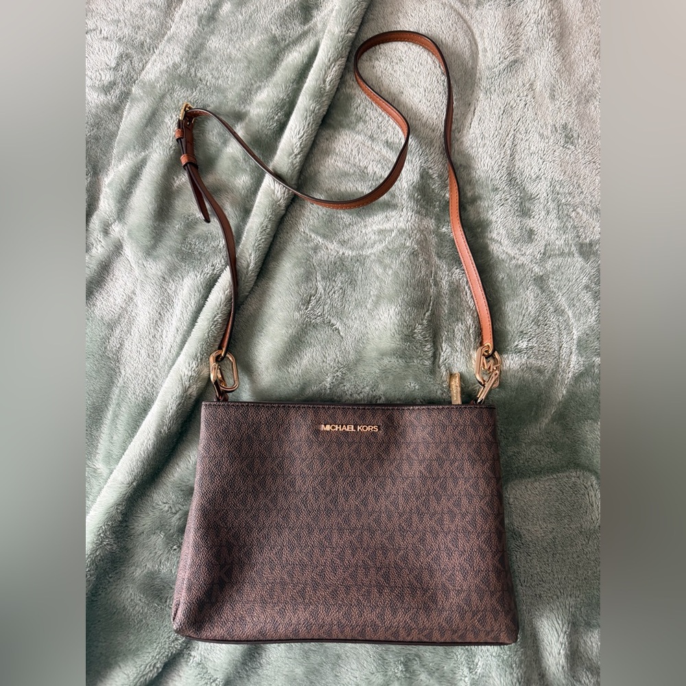 Michael Kors Brown Monogram Crossbody with Gold Hardware